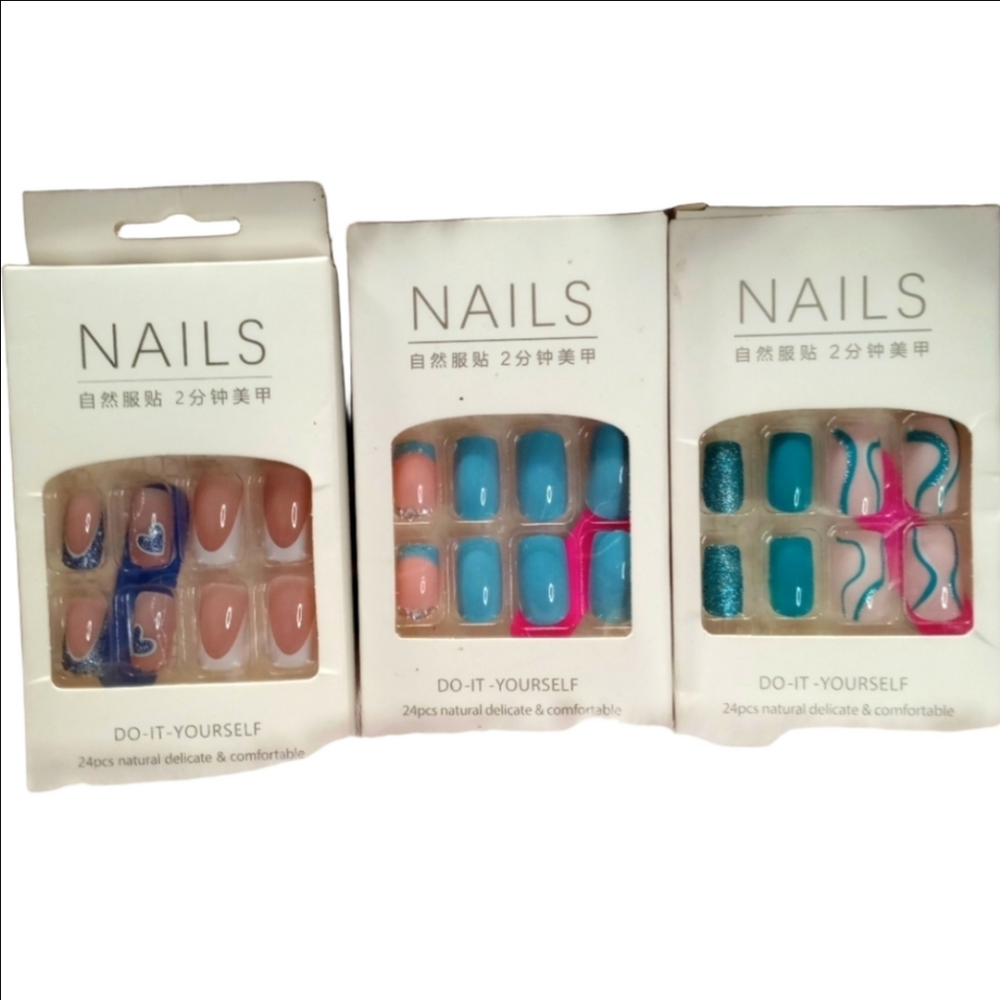 Blue Glitter Rhinestone French Square False Nails Set of 3